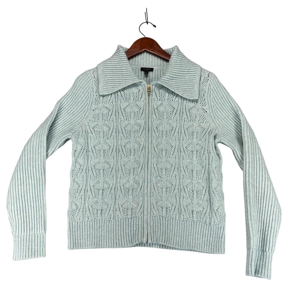 Talbots Petite MP Aqua Openwork Knit Zip Sweater Coastal Preppy Grandmillennial
